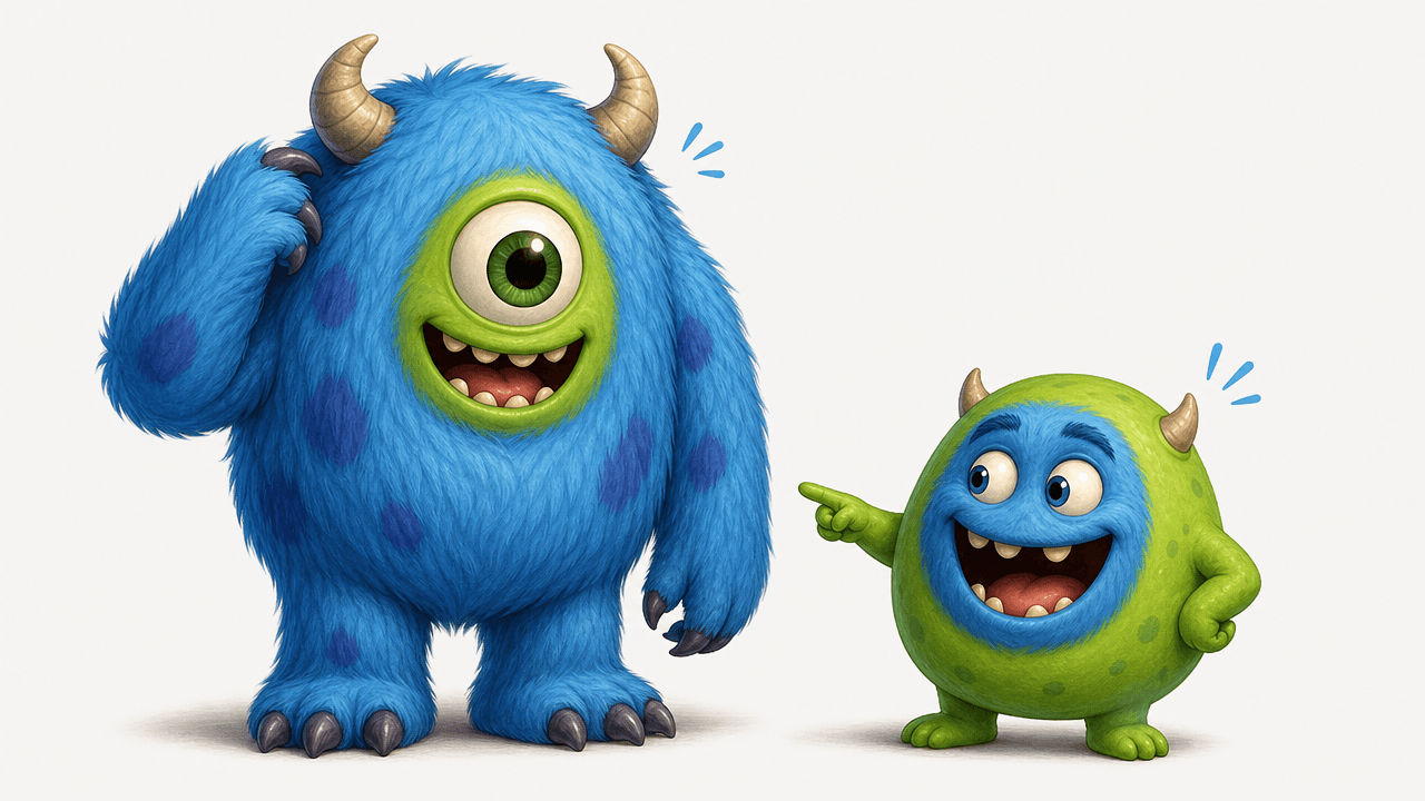 A small green monster points at a large furry blue monster
