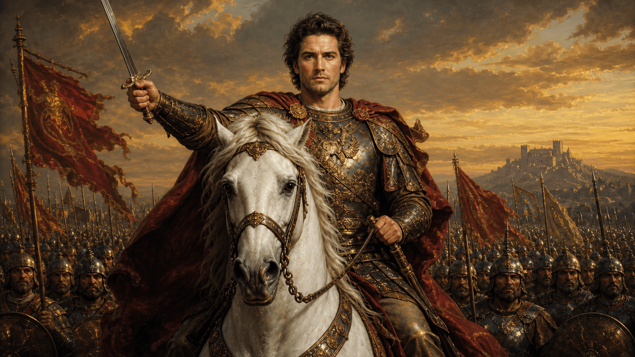 Armored leader on a white horse raising a sword before his army