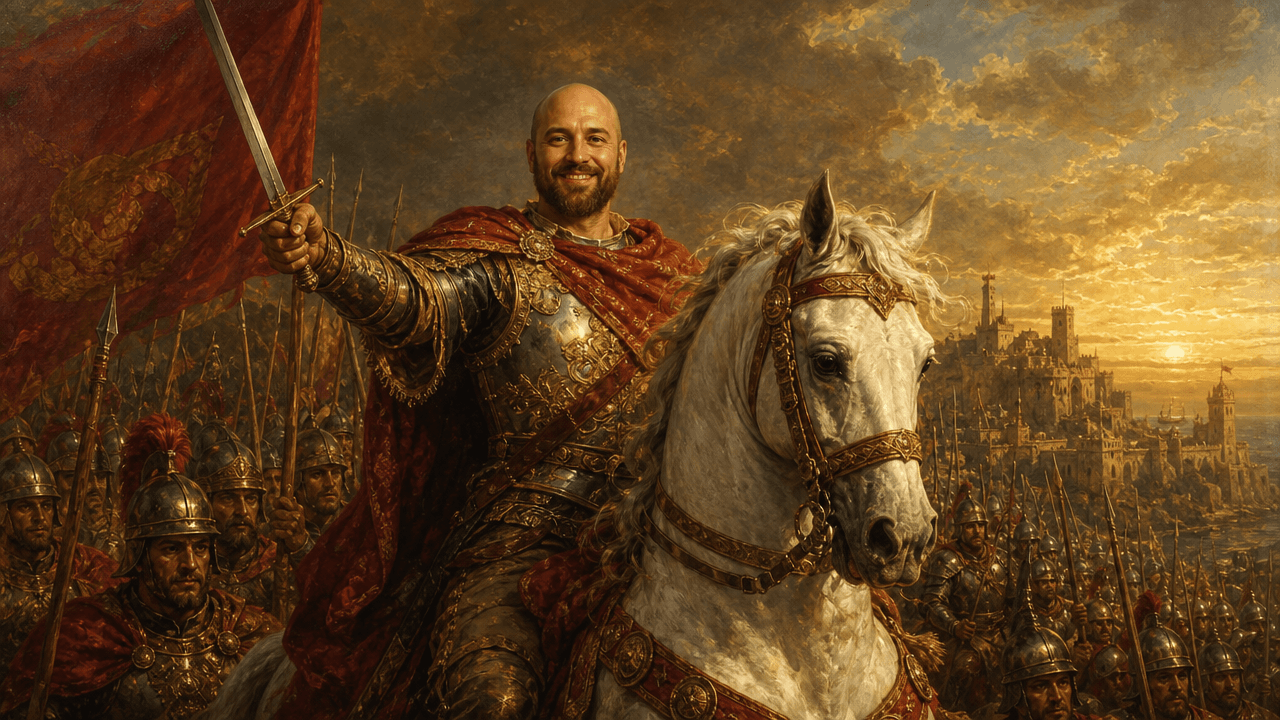 Smiling knight in armor on a white horse raising a sword