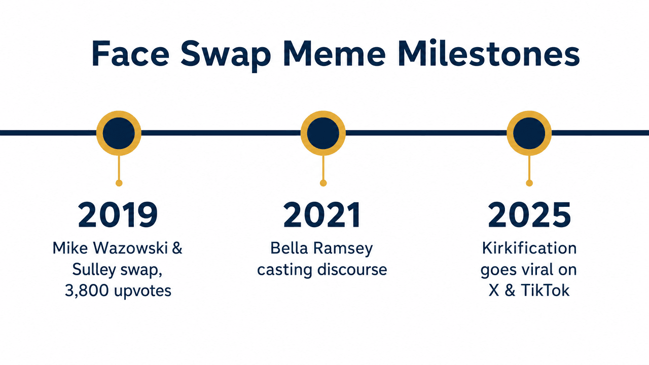 Timeline of face swap meme milestones from 2019 to 2025