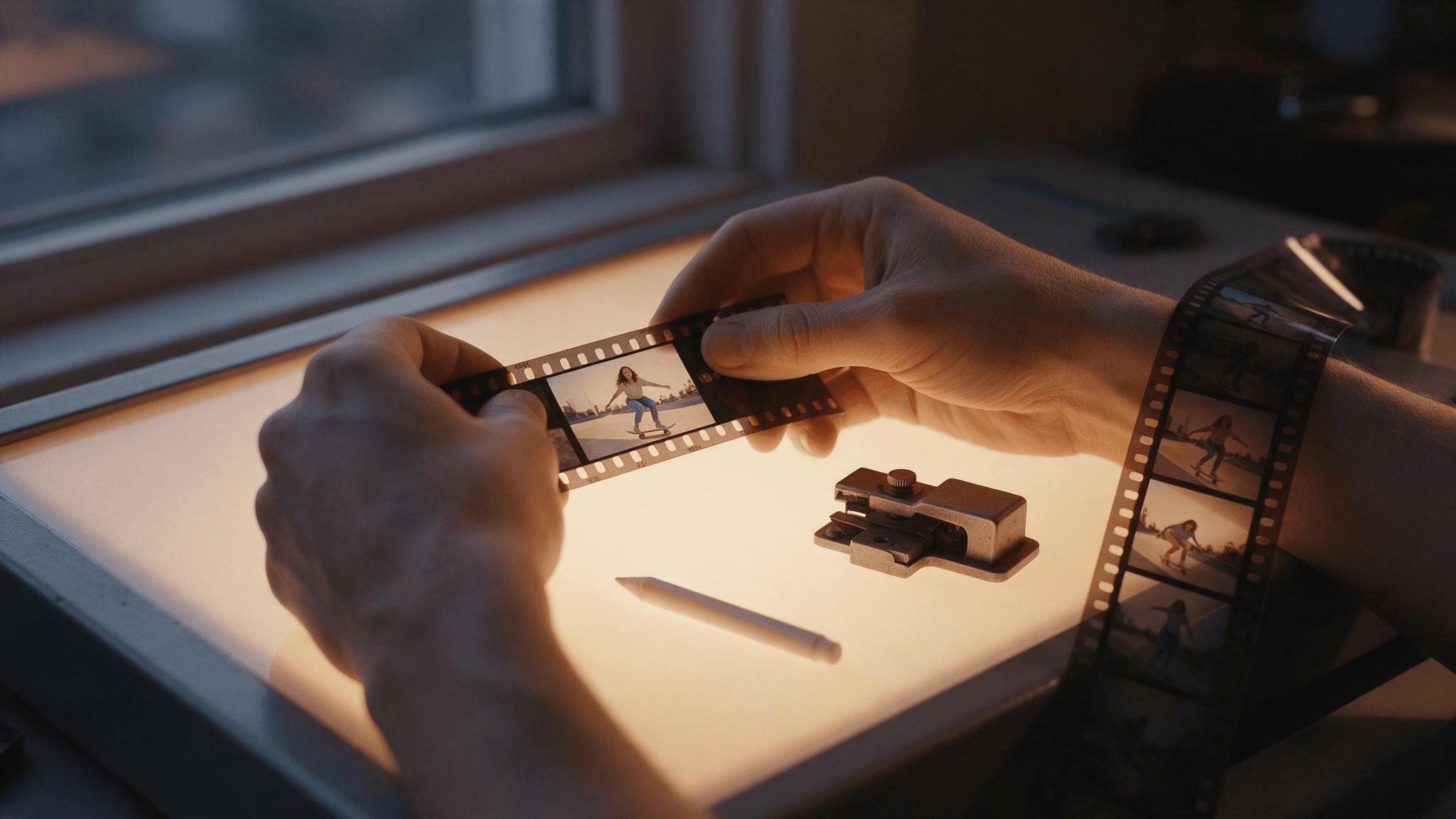 Photorealistic close-up of an editor's hands on a lightbox joining two strips of 35mm film, the second strip continuing the same skateboarding sequence, showing how to make a video longer by adding frames rather than stretching them