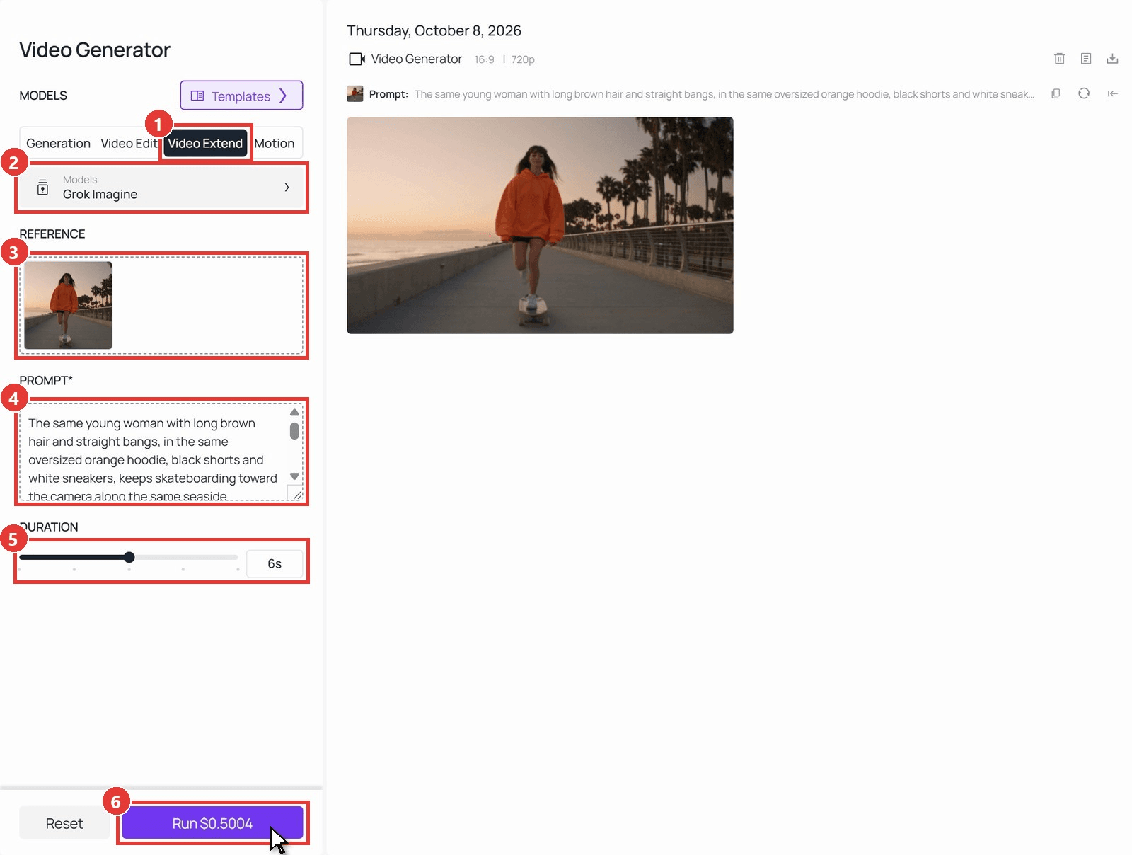 Atlas Cloud video generator with the Video Extend tab selected and six numbered red boxes marking the steps: the Video Extend tab, the Grok Imagine model menu, an 8-second clip of a young woman in an orange hoodie skateboarding along a seaside promenade in the Video to extend slot, the continuation prompt, the duration slider at 6 seconds, and the Run button