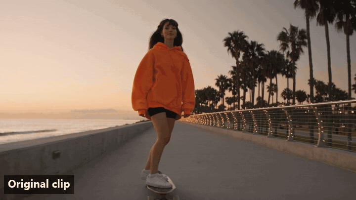 Animated clip from the Atlas Cloud video extender: the last three seconds of a clip of a beautiful young woman with long brown hair and bangs in an orange hoodie skateboarding along a seaside promenade at dusk, labelled Original clip, then six seconds labelled Extended by Grok Imagine in which she carves toward the railing and brakes to a stop