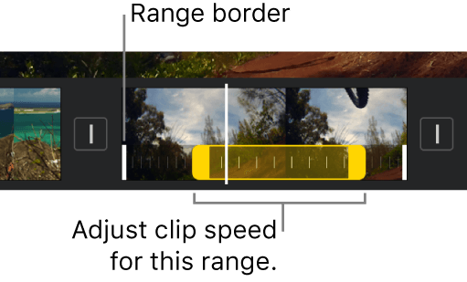 Screenshot of the iMovie timeline on iPhone with a speed range selected on a mountain-biking clip, yellow range handles at each end of the range, a white range border line, and Apple's callouts reading Range border and Adjust clip speed for this range Screenshot from Apple's iMovie User Guide for iPhone, Adjust video speed in iMovie on iPhone.