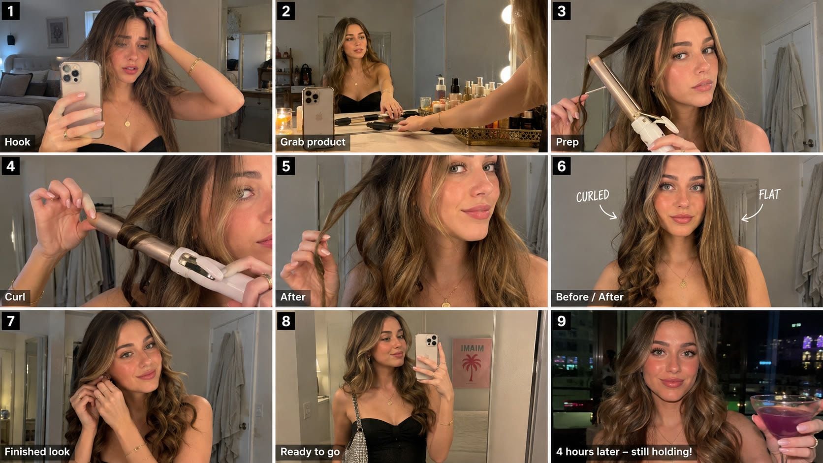 Nine step photo guide of a woman curling her long hair