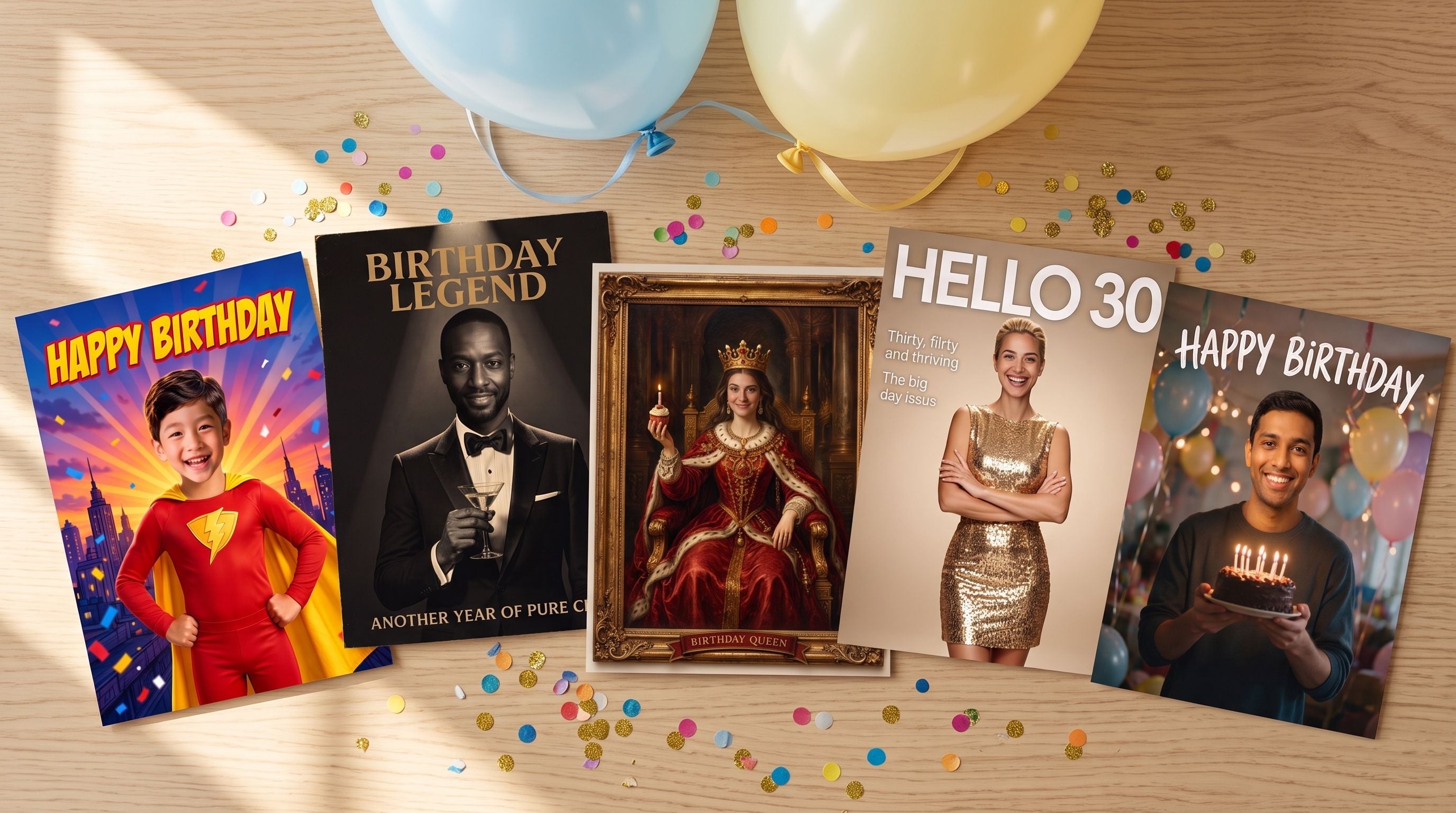 Face swap birthday cards free example held in two hands, a vintage movie poster card with a swapped face and Birthday Legend lettering.