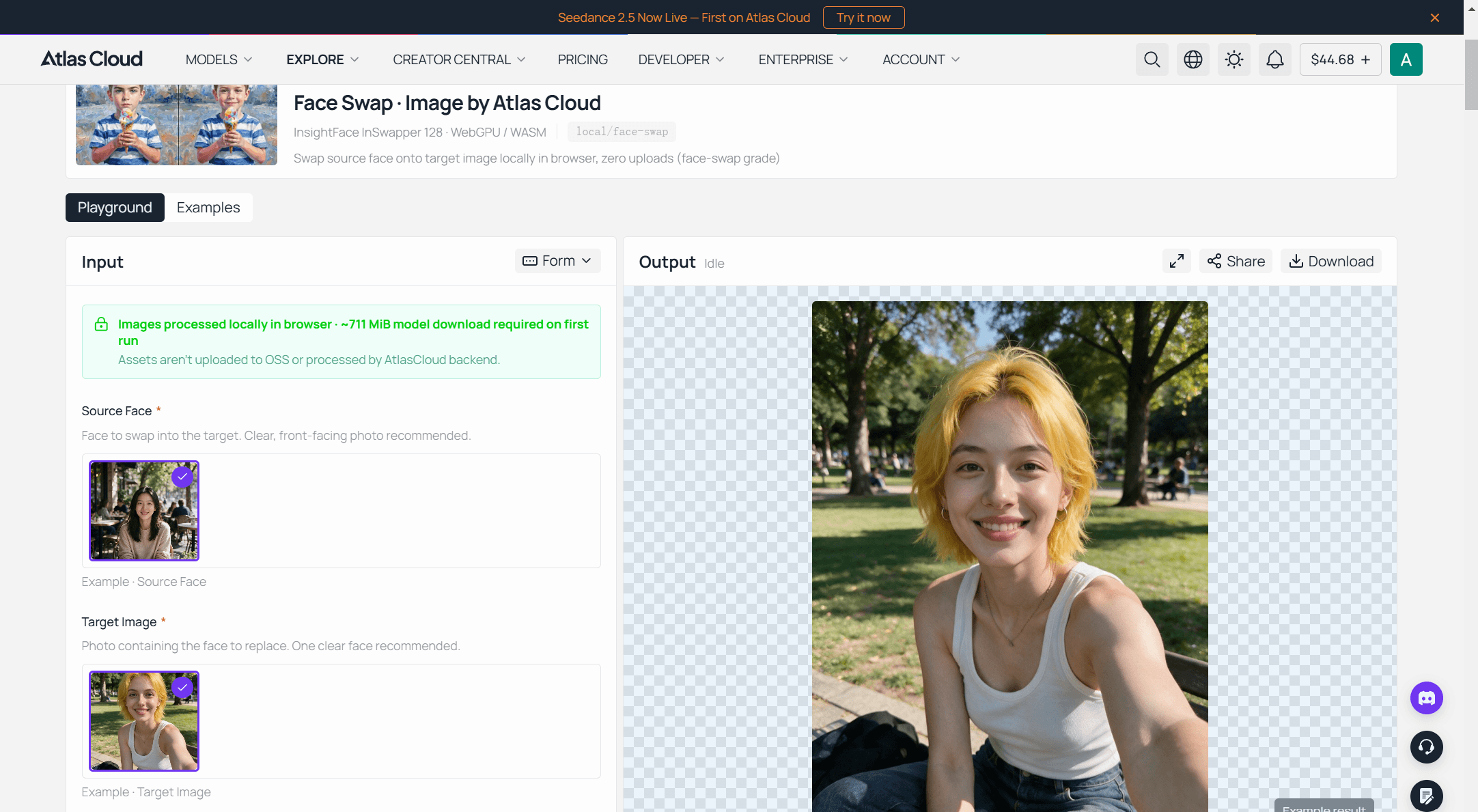 Atlas Cloud free AI face swap tool interface making a face swap birthday card, with a movie poster card as the target, a headshot as the source face, and the swapped result beside them.