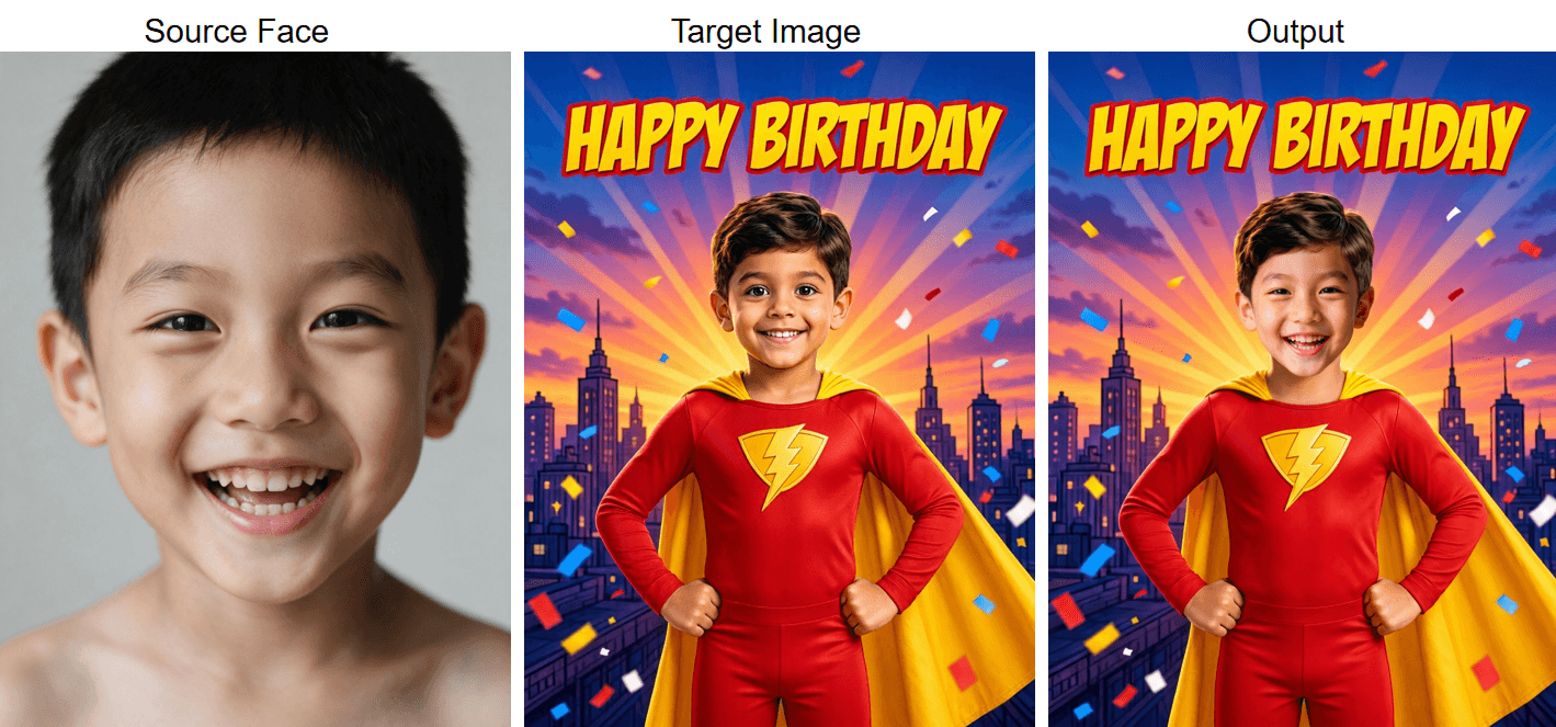 Superhero face swap birthday card before and after, generated comic poster design next to the finished card with a real child's face swapped in.