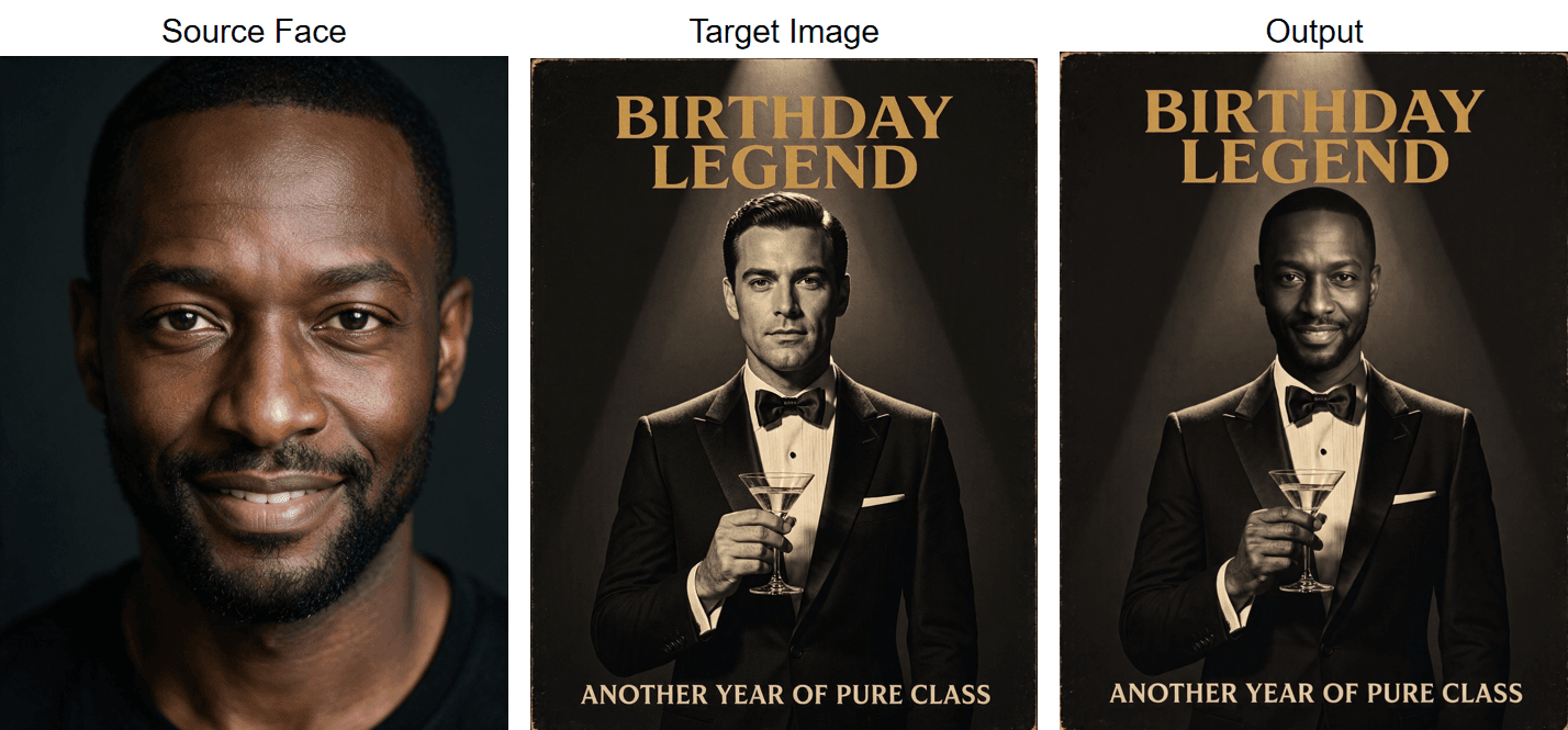 Vintage movie poster face swap birthday card, generated Birthday Legend design beside the finished card with the swapped face.