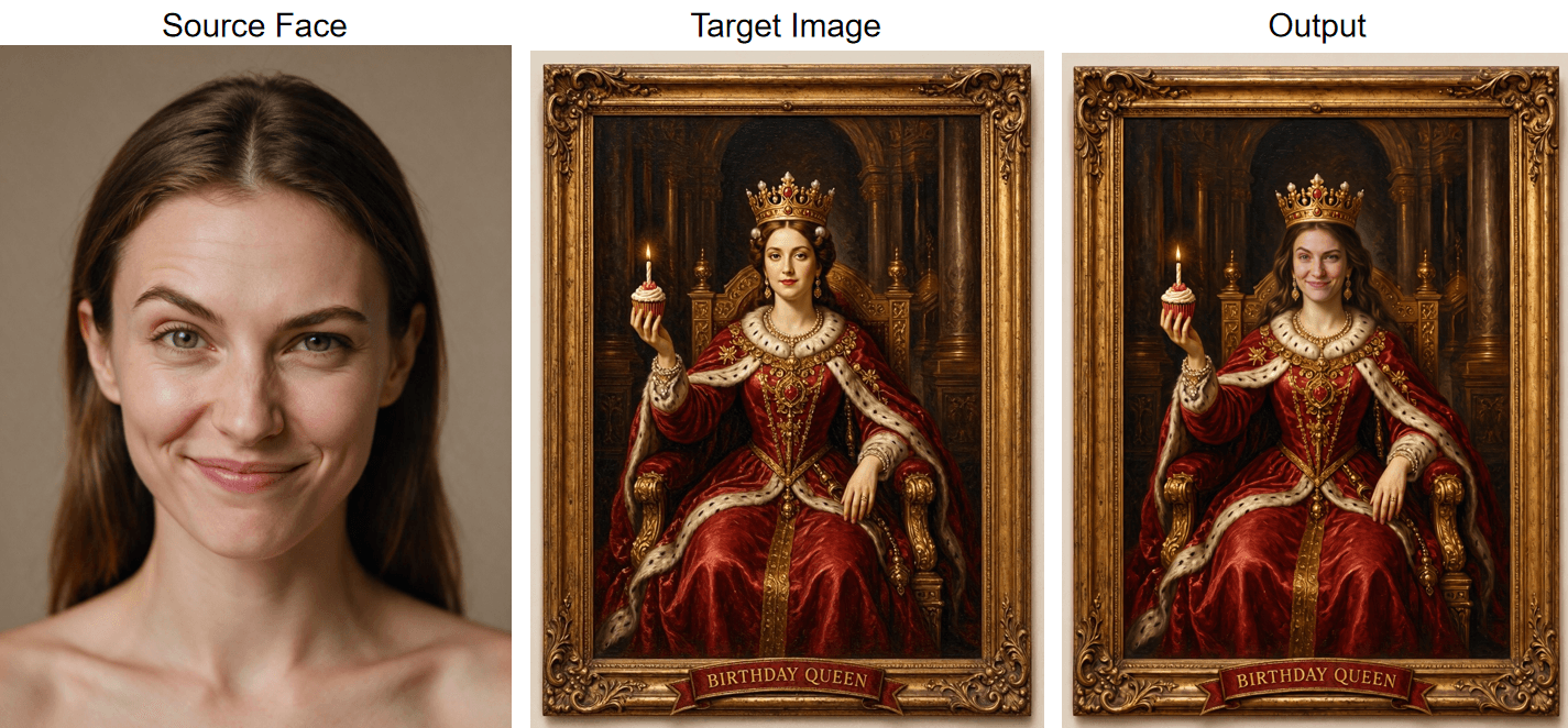 Birthday Queen oil painting face swap card, generated royal portrait next to the finished card with a friend's face swapped onto the queen.