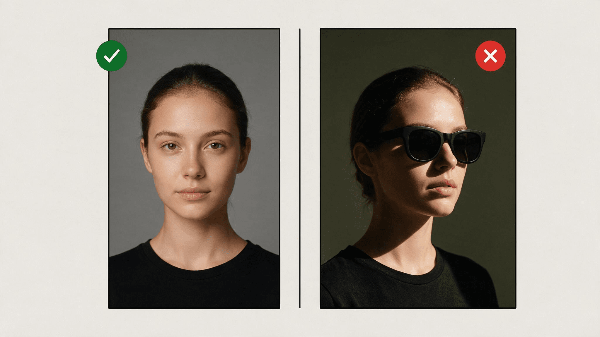 hoto selection guide for a face swap birthday card, a clear front-facing photo marked as good next to a shadowed profile photo with sunglasses marked as bad.