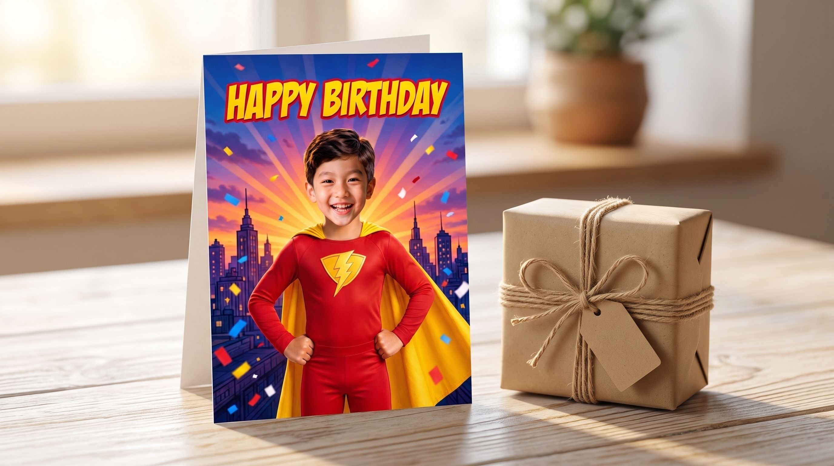Printed face swap birthday card standing on a table beside a gift, showing the superhero design at folded card size.