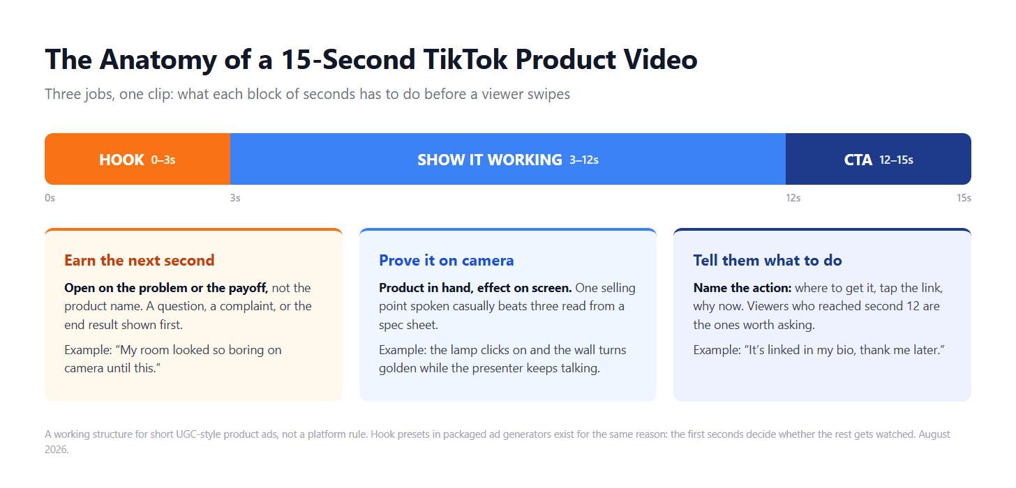 一个15秒TikTok产品视频的结构,显示钩子、证明和行动号召块及其时间安排。