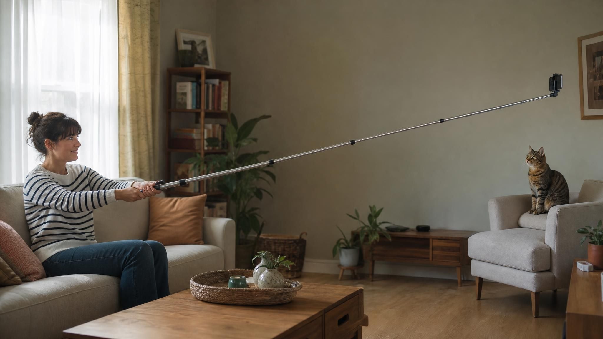 Woman on a sofa holding a comically long selfie stick with the phone across the room, a cat watching the lens, a visual joke about how to make selfies from farther away than any arm can reach