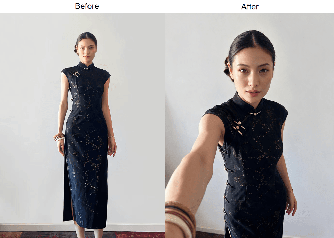 Before and after from the free AI selfie generator: on the left the uploaded photo of a woman in a restaurant turned three-quarters over her shoulder, on the right the same woman, room, black top and earrings rebuilt as a front-facing arm's-length selfie