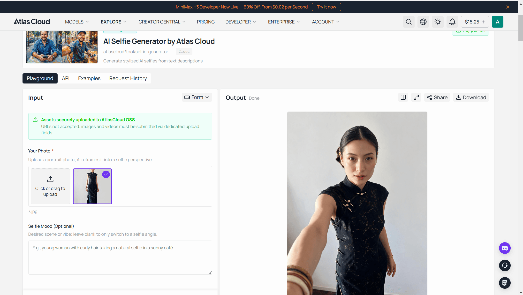 Free AI selfie generator result with the mood field empty: the uploaded portrait on one side and the generated arm's-length selfie on the other, same face, hair and room