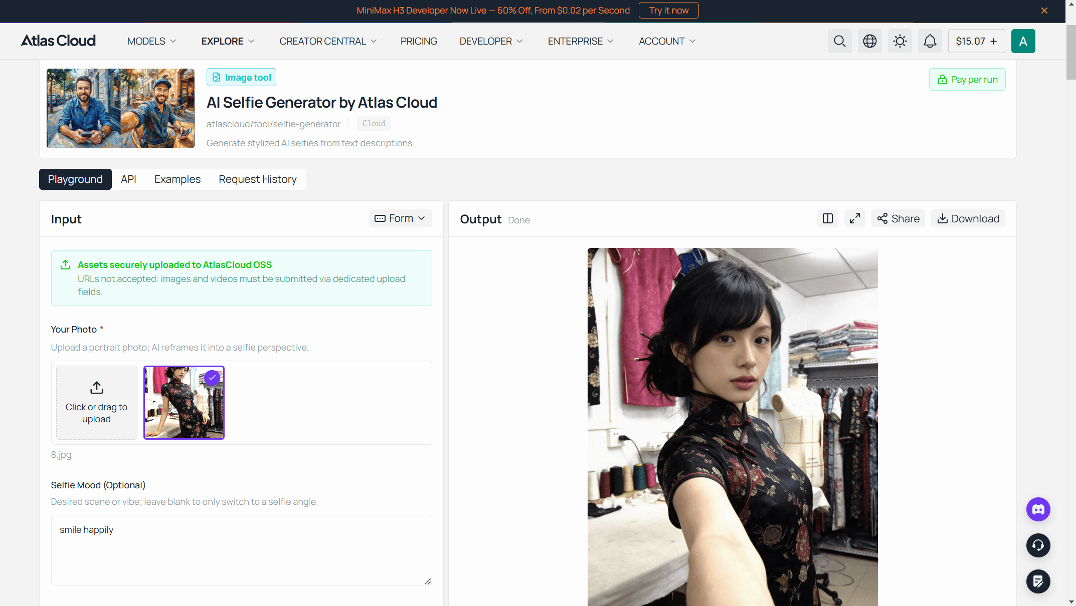 Free AI selfie generator result from a studio full-body photo: the same woman, hairstyle, black qipao and plain backdrop rebuilt as a front-facing arm's-length selfie
