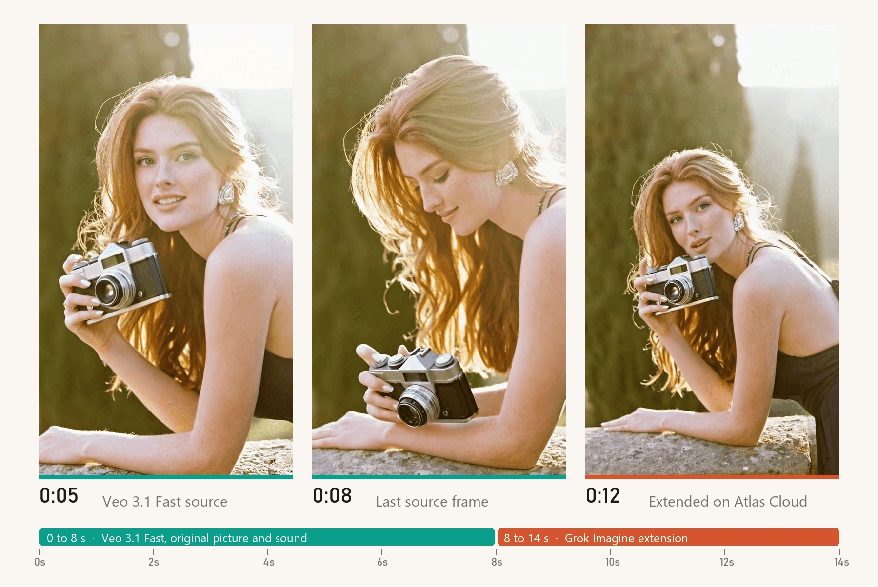 Three vertical frames from one 14-second video of a red-haired woman in a black backless dress leaning on a stone balustrade in golden-hour backlight: at 0:05 she holds up a vintage film camera and speaks, at 0:08 the last frame of the Veo 3.1 Fast source as she looks down at the camera, and at 0:12 an extended frame where she holds the camera by her face and smiles into the lens, above a timeline split into 0 to 8 seconds of Veo and 8 to 14 seconds of Grok Imagine extension