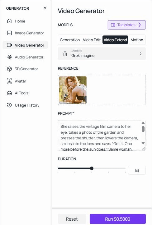 tlas Cloud Video Generator with the Video Extend tab selected and Grok Imagine as the model, a Veo clip of a red-haired woman with a film camera loaded in the reference slot, the continuation prompt with the quoted line Got it, the duration slider at 6 seconds, and a Run button showing the price of the run