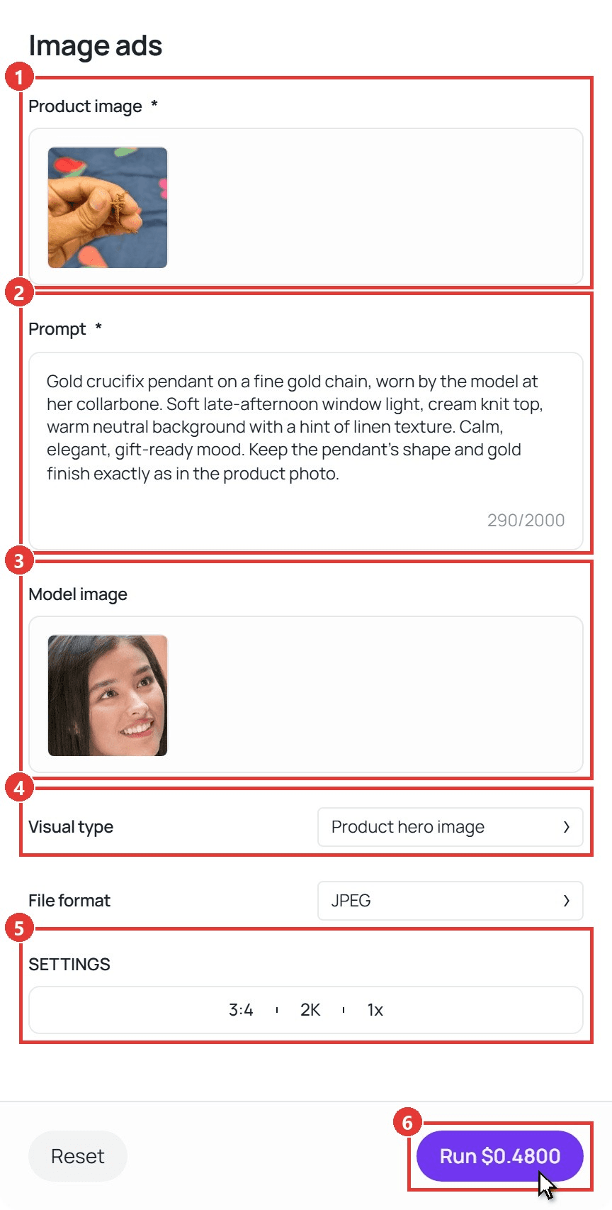 Atlas Cloud 上的 Image ads 工作流,带有编号红框标注 Product image、Prompt、Model image、Visual type 和 SETTINGS 设置为 3:4、2K、1x,光标位于 Run 按钮上