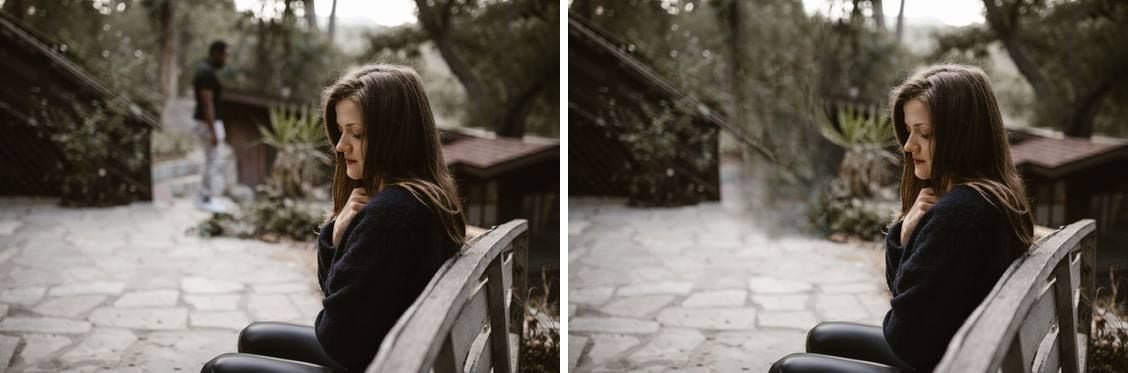 Before and after of an outdoor photo run through the free AI image eraser, a man standing out of focus behind a woman on a bench in the left frame and the same courtyard rebuilt with him gone in the right frame