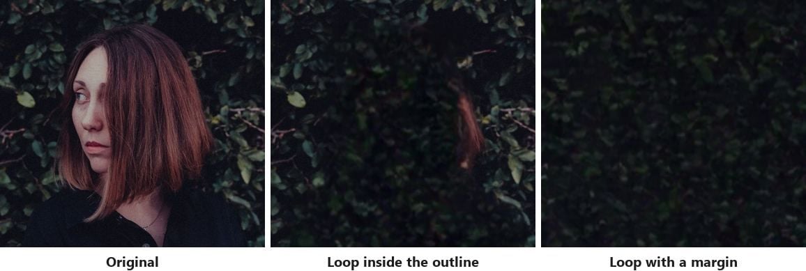 Three zoomed crops of the same photo of a woman against a dark hedge, the original on the left, a middle frame where a loop drawn inside her outline left a lock of hair hanging in the leaves, and a right frame where a loop drawn outside the strands rebuilt the hedge with nothing left behind