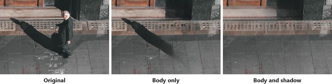Three-panel comparison of removing a person from a photo in sunlight, showing the man walking with his long cast shadow, the version where only his body was selected so the shadow still lies on the pavement, and the version where body and shadow were selected together