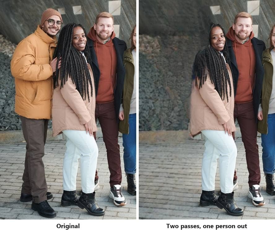 Before and after of a group photo run through the free AI image eraser, four friends standing against a concrete wall in the left frame and the same photo after two passes with the man on the left end removed, the other three intact and the wall and paving rebuilt