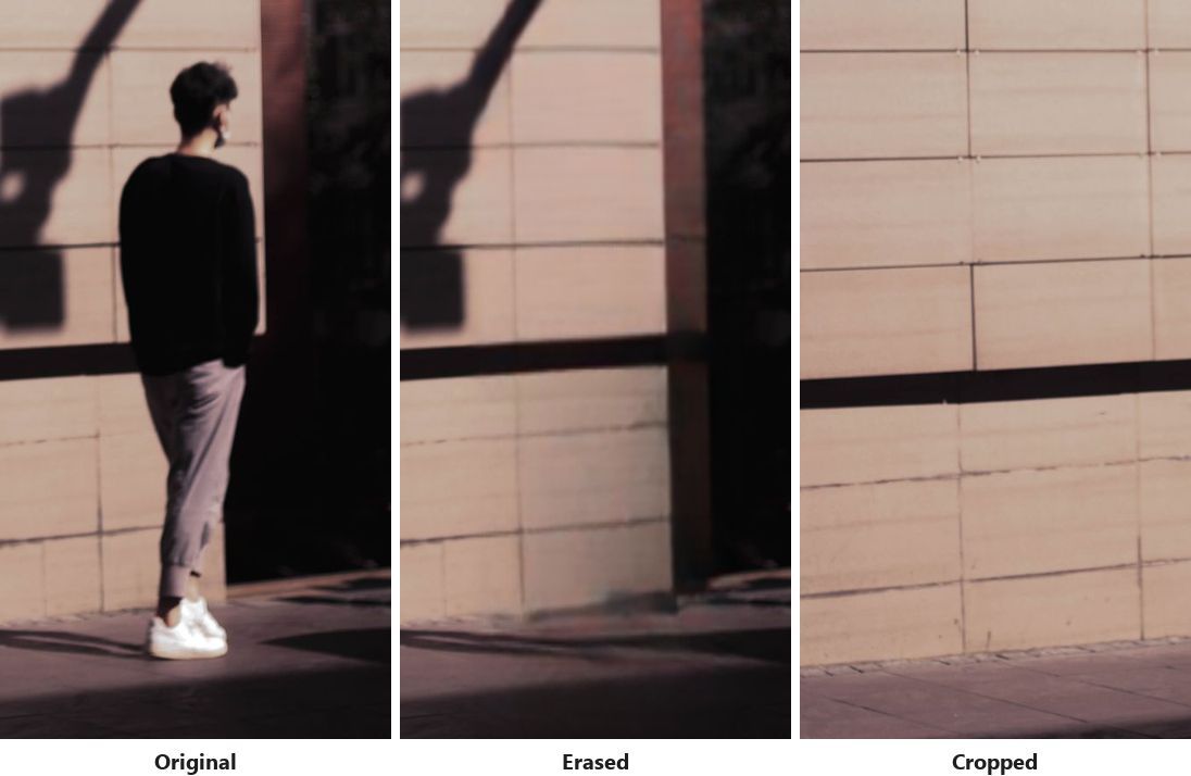 Three-panel comparison of removing a person from a photo in front of a tiled wall, showing the man standing where a dark horizontal band crosses the wall, the erased version where that band no longer lines up, and a crop of the same wall further along where the band runs unbroken