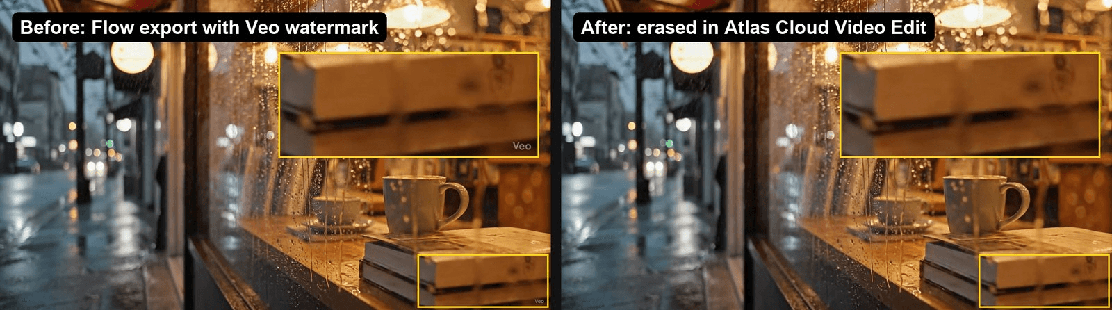 A Google Flow generated video frame with the veo watermark visible in the corner, next to the same frame after the logo was erased with Atlas Cloud's Video Edit tool