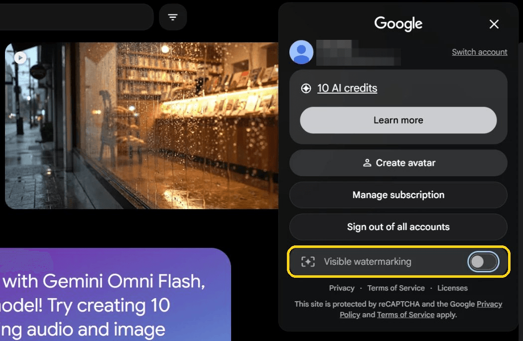 Google Flow's profile dropdown menu open with the Visible watermarking toggle switched off