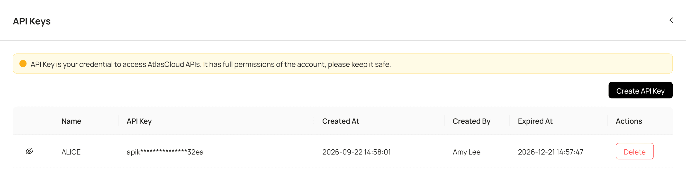 Atlas Cloud console API keys page showing a newly generated API key
