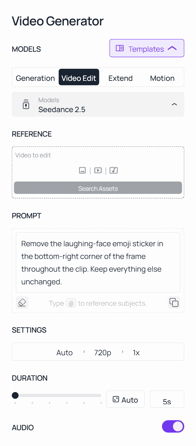 Atlas Cloud Video Edit tab with Seedance 2.5 selected and an emoji-removal prompt filled in, ready for a clip to be uploaded