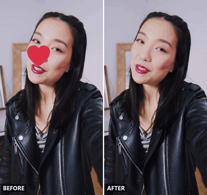 Side-by-side vertical video of an emoji sticker removed from over a person's face while the face and expression stay intact