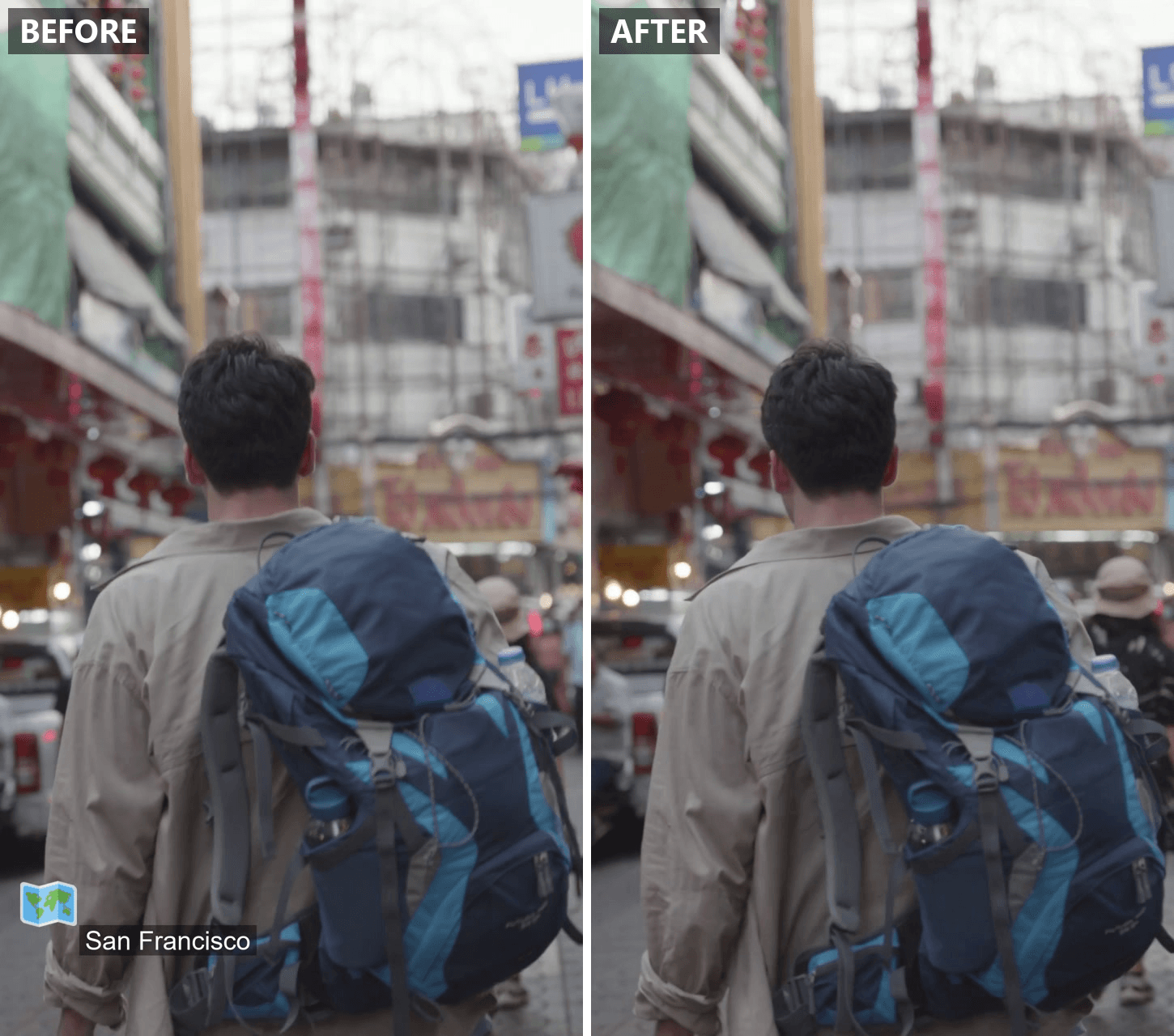 Before and after frame showing a location-tag sticker removed from the bottom-left corner of a video clip, background rebuilt behind it