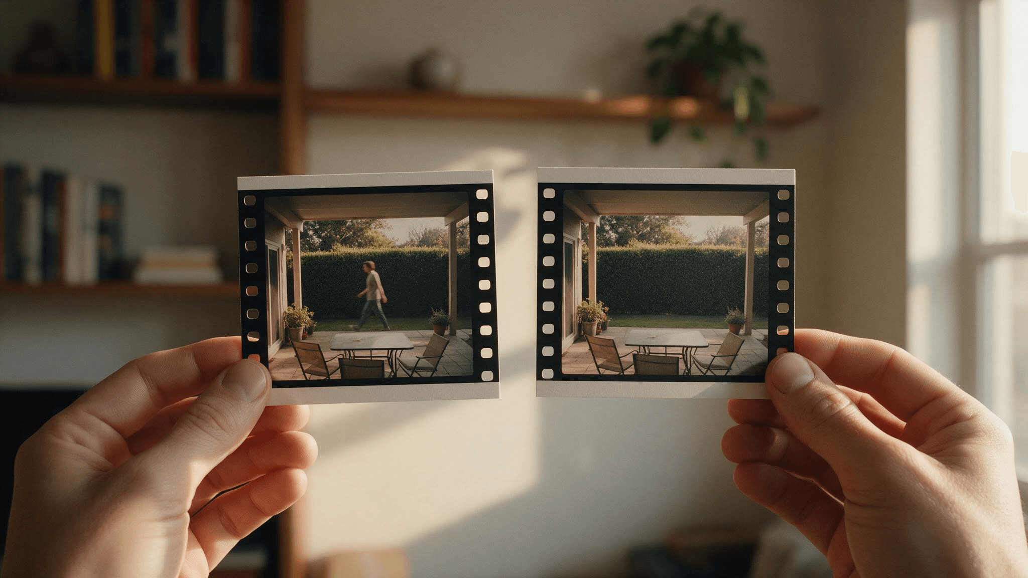 Two printed video-frame cards held side by side, one showing a person walking across a patio and the other showing the same frame with the person seamlessly removed