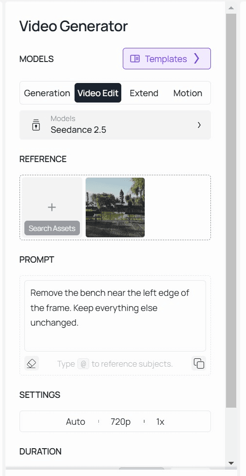 Atlas Cloud Video Edit interface with an uploaded clip and an object removal prompt ready to run