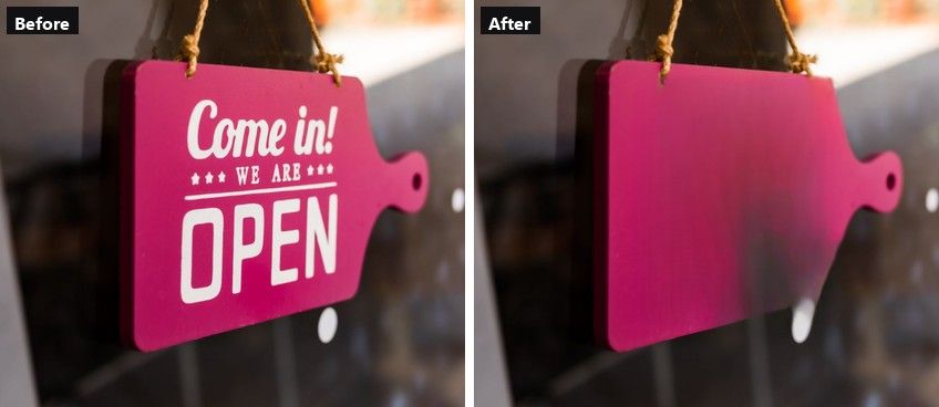Pink shop sign reading Come in We Are Open next to the same sign with all three lines of text erased and the pink panel rebuilt
