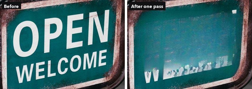 Green enamel sign reading OPEN WELCOME beside the same sign after one erase pass, showing a brighter rectangular patch and leftover letter fragments