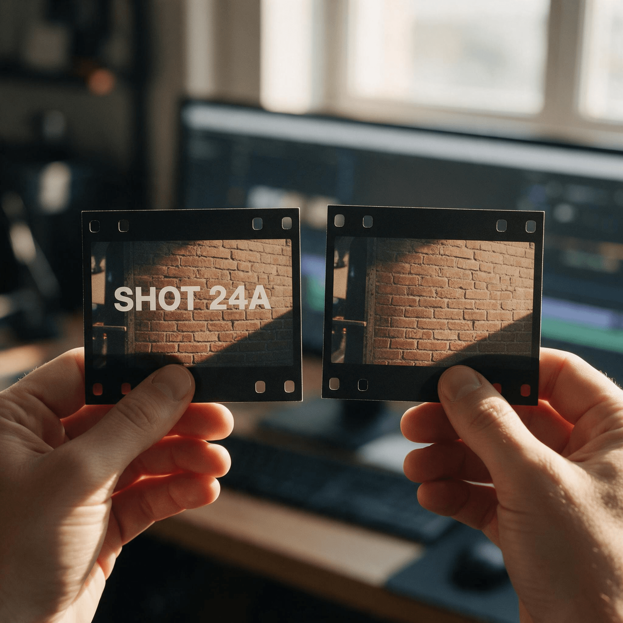 Two printed film-still cards held side by side, one showing white title text over a brick wall and the other showing the same frame with the text seamlessly removed