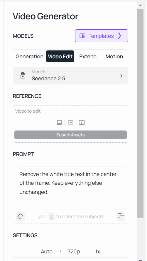 Atlas Cloud Video Edit tab with Seedance 2.5 selected and a text-removal prompt filled in, ready for a clip to be uploaded