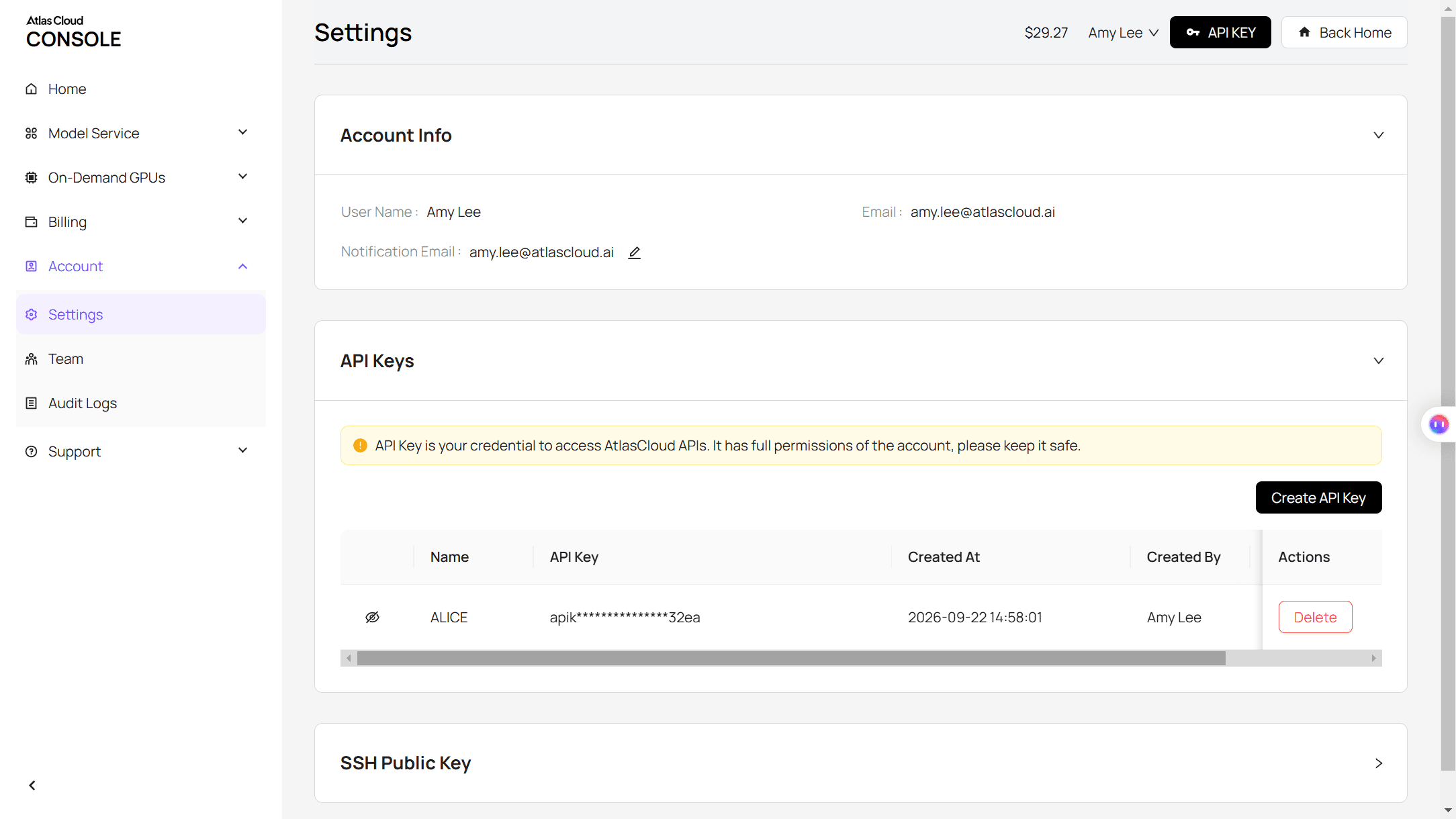 Atlas Cloud console Settings page showing the API Keys section with a masked key and a Create API Key button
