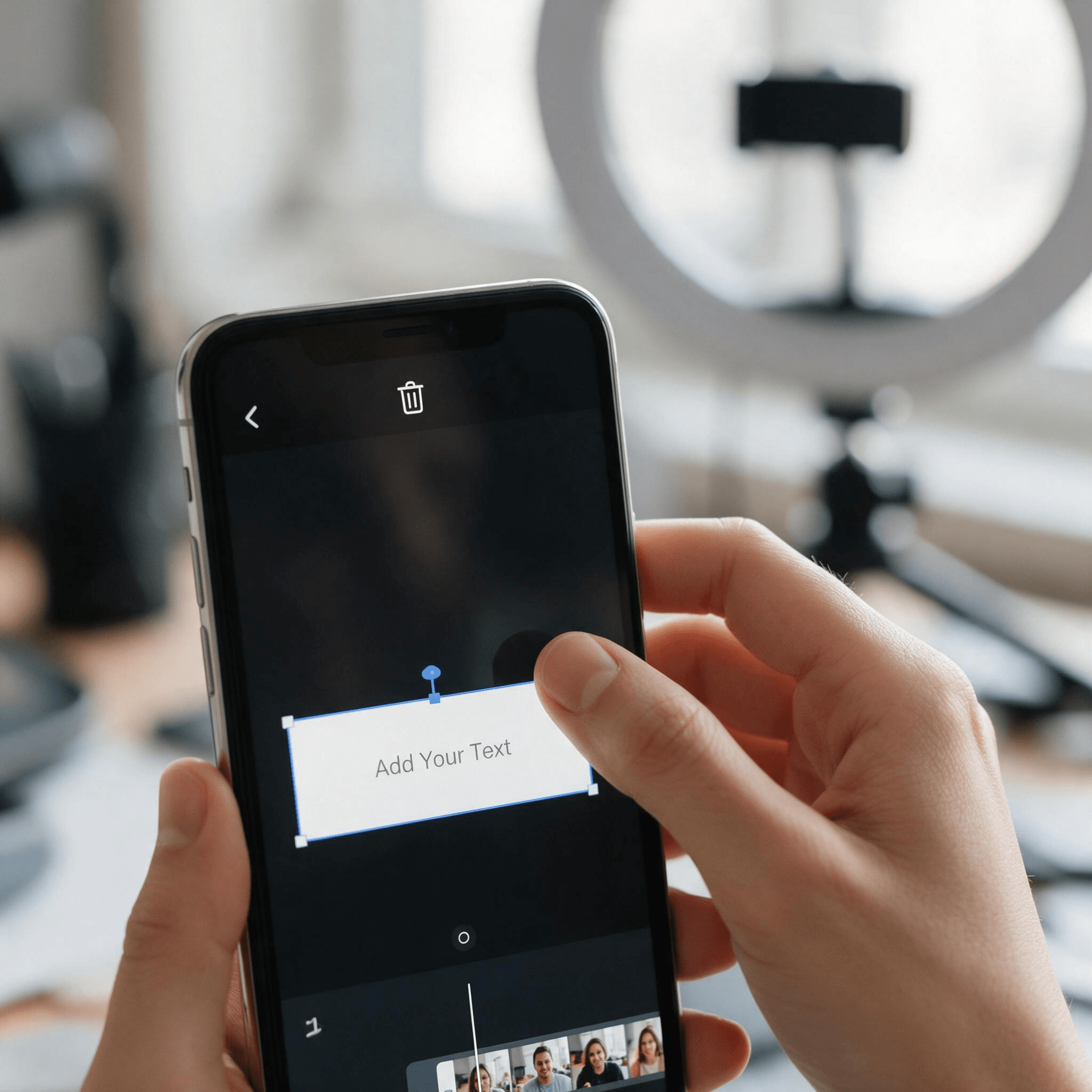 Close-up of a hand holding a smartphone with a text overlay selected on a video draft's editing screen, ready to delete