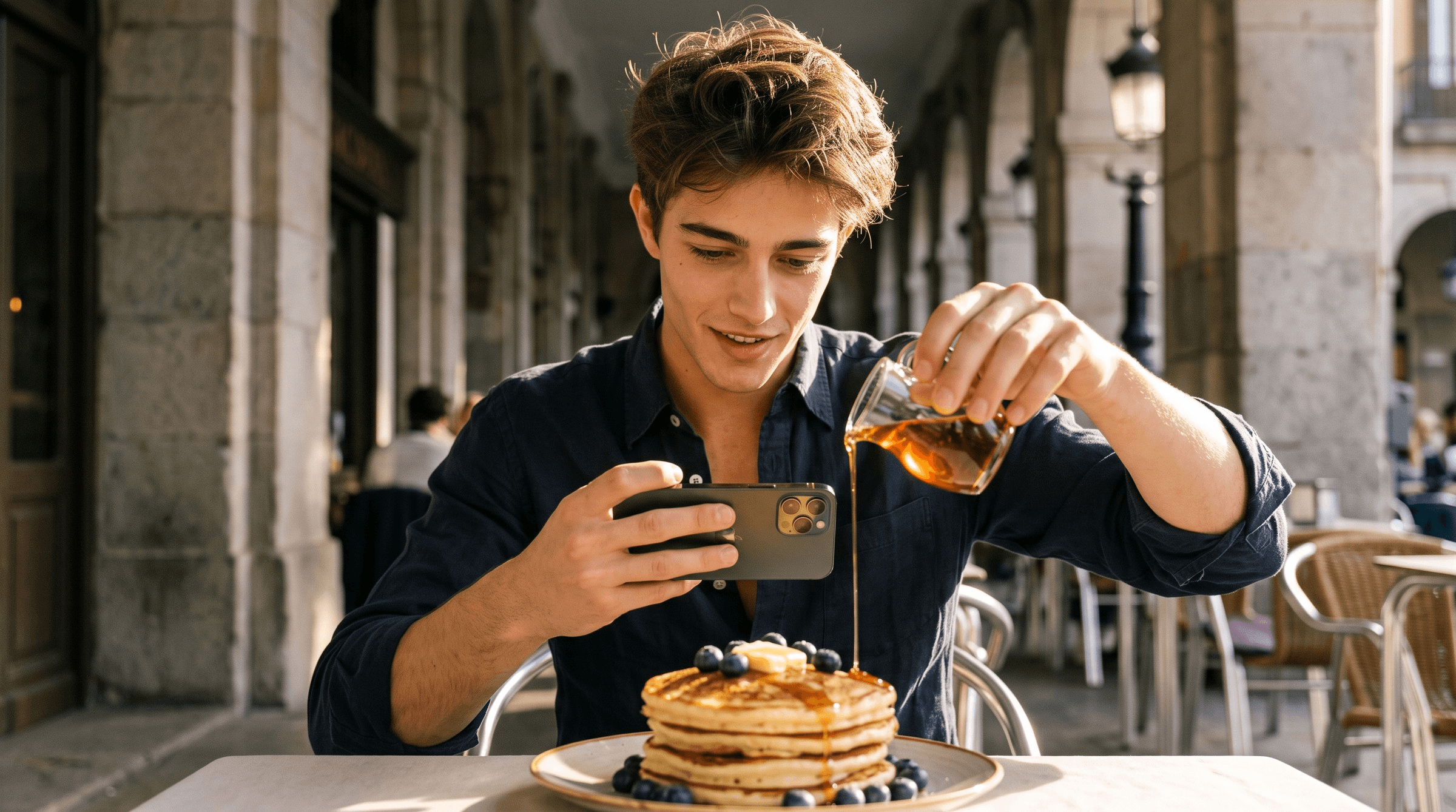 A young man at a sunlit cafe terrace pours a ribbon of maple syrup onto a stack of blueberry pancakes while tilting his phone down over the plate to film the pour, stone arcade behind him
