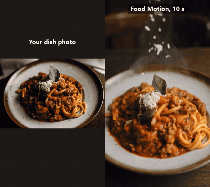 Food Motion before and after: on the left a still photo of spaghetti with beef ragù, basil and grated cheese on a speckled plate, on the right the 10-second vertical 1080p food reel made from it, with cheese falling onto the plate through steam, a close-up of the ragù and basil, a fork twisting the pasta, and a final forkful lifted under falling cheese in a warmly lit dining room Input photo by Ahmad Salisu Jaafar on Pexels. The output was generated with Food Motion at 1080p and is shown here as a silent GIF; the original file has a sound track.