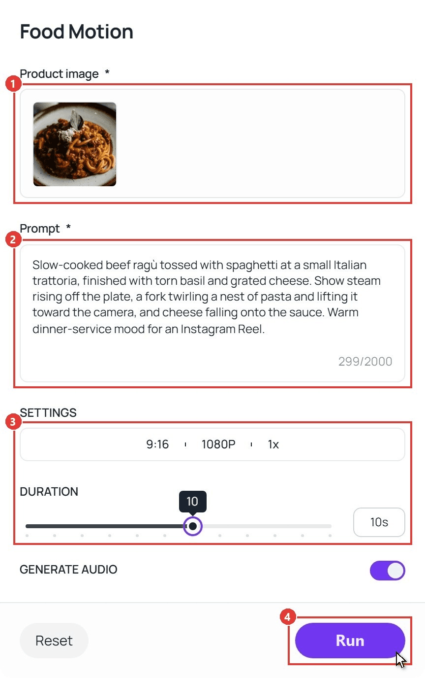 The Food Motion form with the four controls to use in order: the Product image upload holding a photo of spaghetti ragù, the Prompt box describing steam, a fork twirl and falling cheese, the Settings and Duration row set to 9:16, 1080P, 1x and 10 seconds, and the Run button