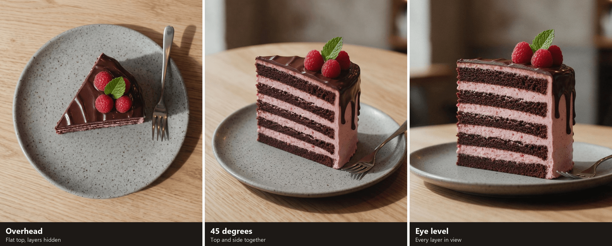 Three camera angles on the same slice of chocolate raspberry layer cake: overhead shows only the ganache top and hides the layers, 45 degrees shows the top and the layered side together, and eye level shows every sponge and cream layer
