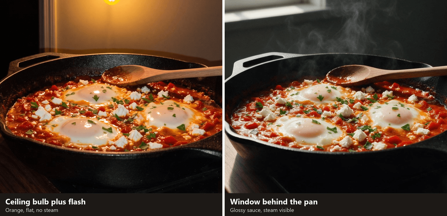 The same skillet of shakshuka lit two ways: on the left under a warm ceiling bulb and phone flash, with an orange cast, a flat look and no visible steam, on the right lit by a window behind the pan, with glossy sauce, bright egg whites and steam rising against a dark wall
