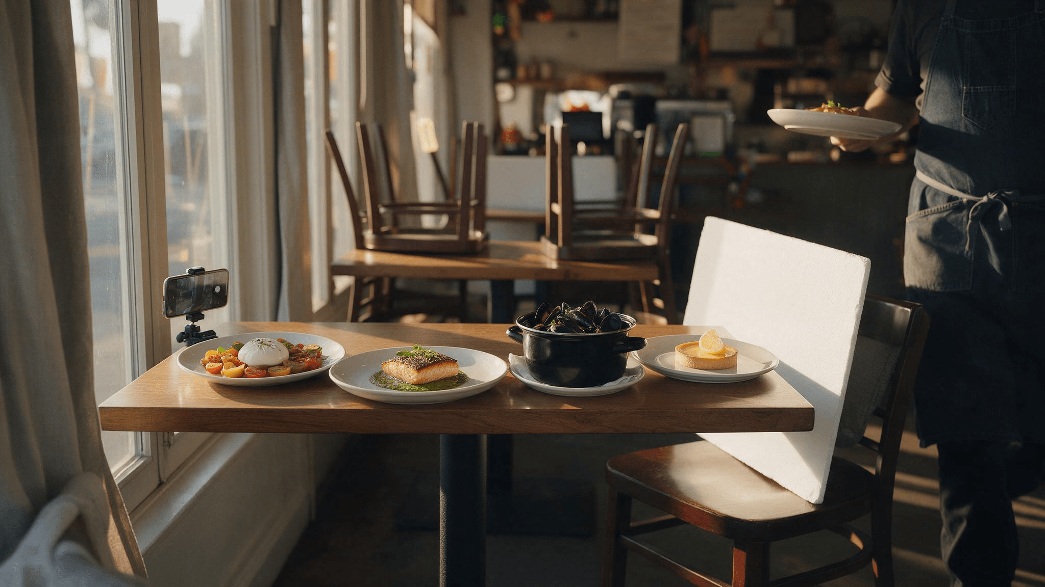 A small bistro in the quiet afternoon between services, with four new dishes lined up on a window table for a filming session: a burrata salad, seared salmon on green sauce, a pot of mussels and a lemon tart, with a phone on a small clamp at the end of the row, a white foam board leaning on a chair and a chef carrying in a fifth plate
