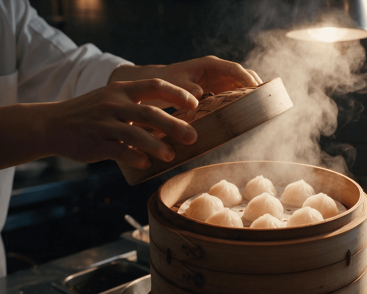 Food reel idea shown in one frame: a chef's hands lift a bamboo steamer lid in a burst of backlit steam to reveal shrimp dumplings in a dim kitchen